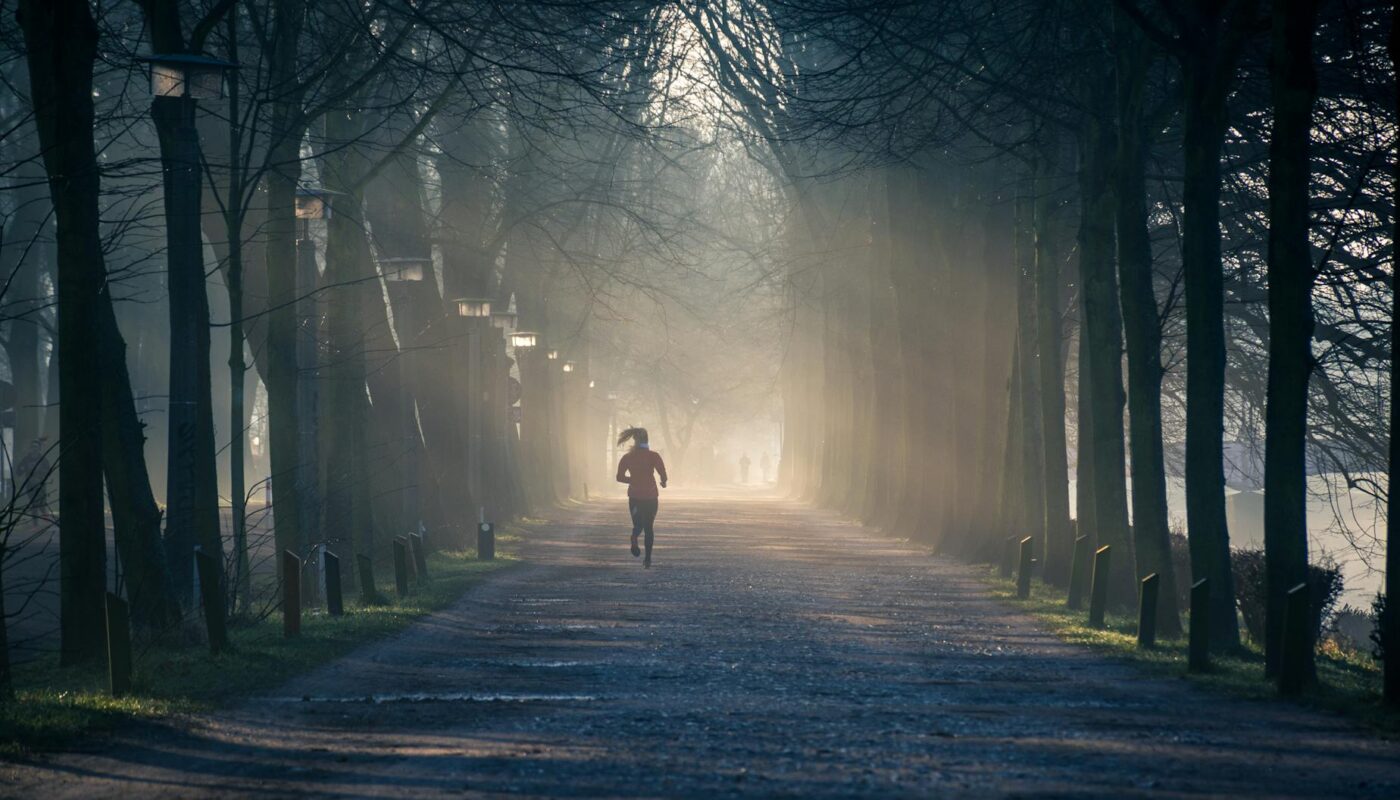 person running near street between tall trees